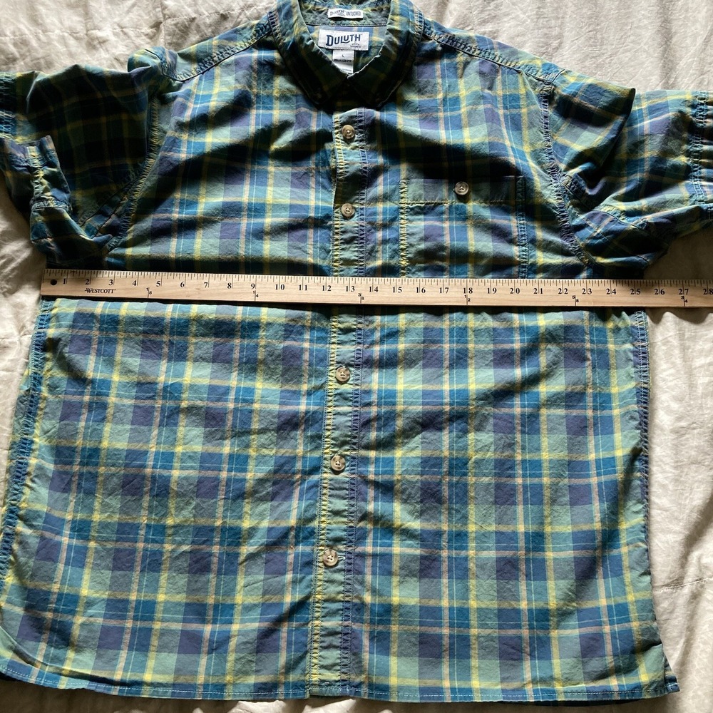 Duluth Untucked Men's L Relaxed Fit SS Button Down Plaid Cotton Shirt Green Teal - Picture 10 of 14